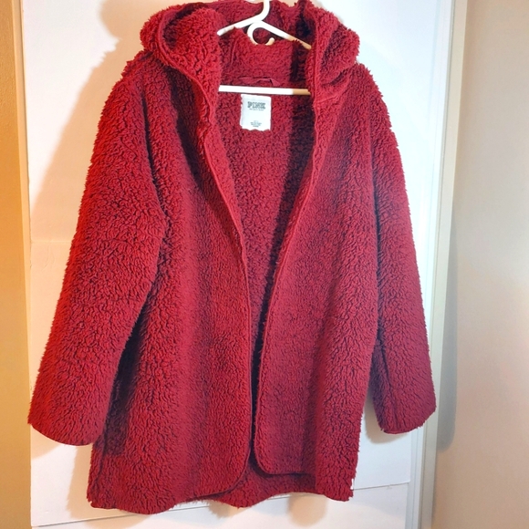Victoria’s Secret Pink Sherpa‎ Hooded Cardigan in Maroon One Size - Picture 1 of 5